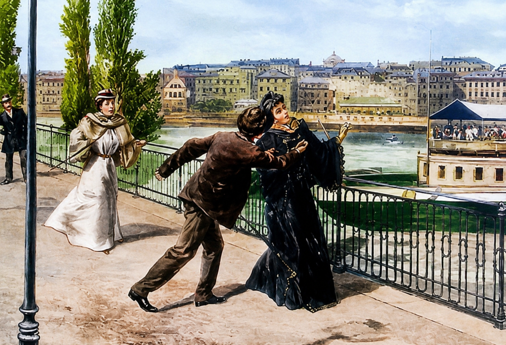 Zabójstwo cesarzowej Elżbiety Austriackiej (Sisi) w Genewie przez Luigiego Lucheniego, ilustracja prasowa z 1898 roku. Autor nieznany. Domena publiczna. (kolorowane GPT)